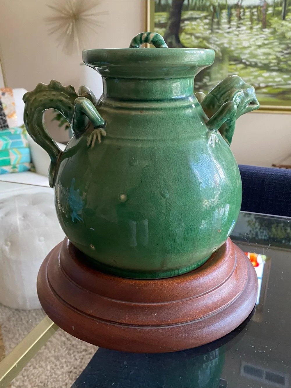 VTG 1980s Alien Xenomorph Chestburster Green Ceramic Pitcher w Lid Display Base
